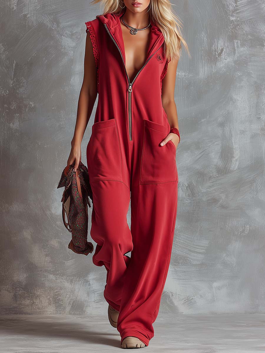 Raspberry Sporty Hooded Jumpsuit