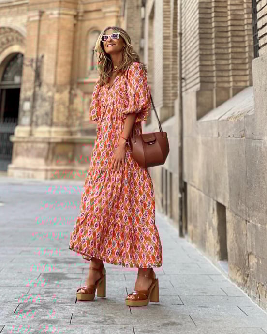 Spring floral print puff-sleeved plus-size dress